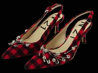 N°21 buffalo check slingback pumps with crystal safety pins — front view
