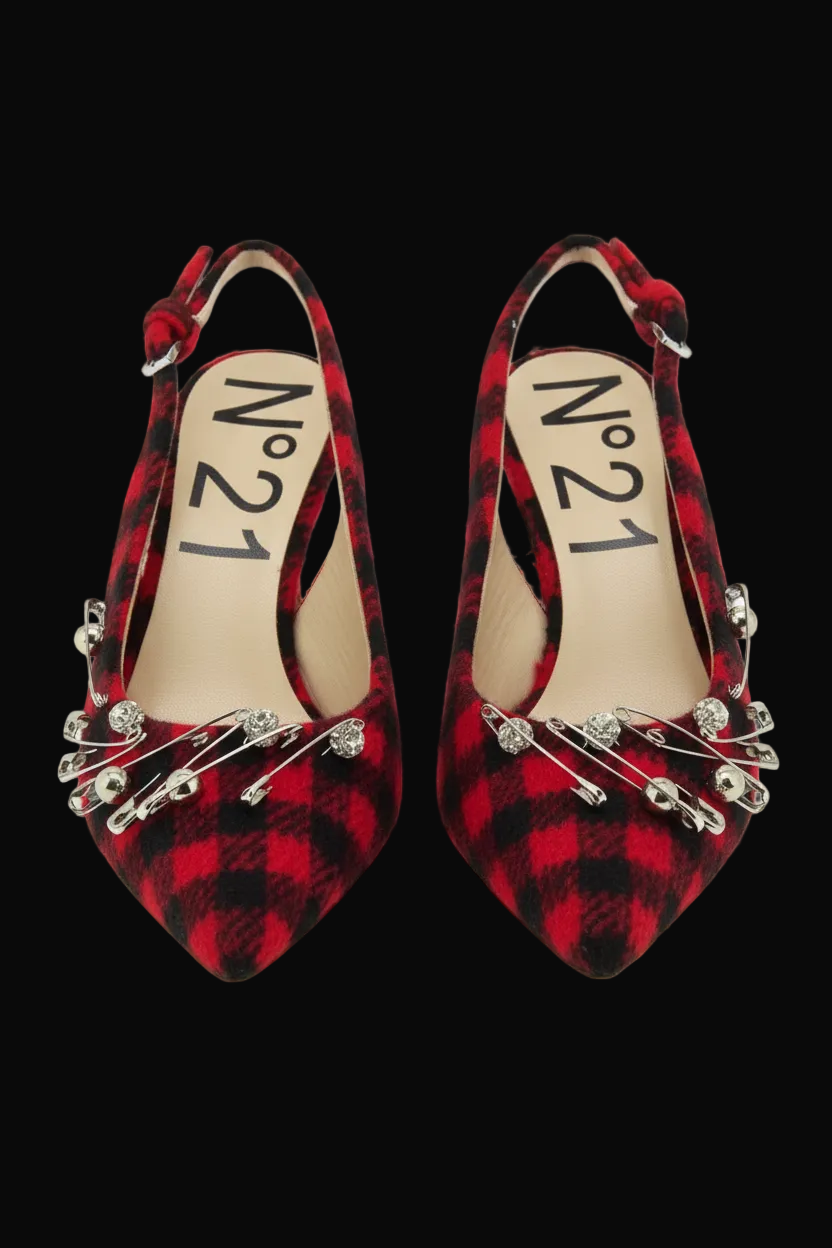 N°21 — Buffalo Check Slingback Pumps with Crystal Safety Pins — front view