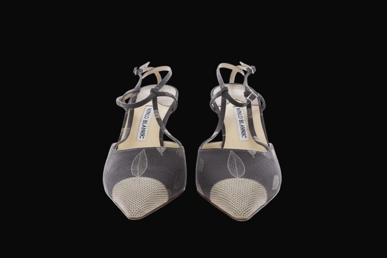 Manolo Blahnik Lizard-Embossed T-Strap Sandals — front view
