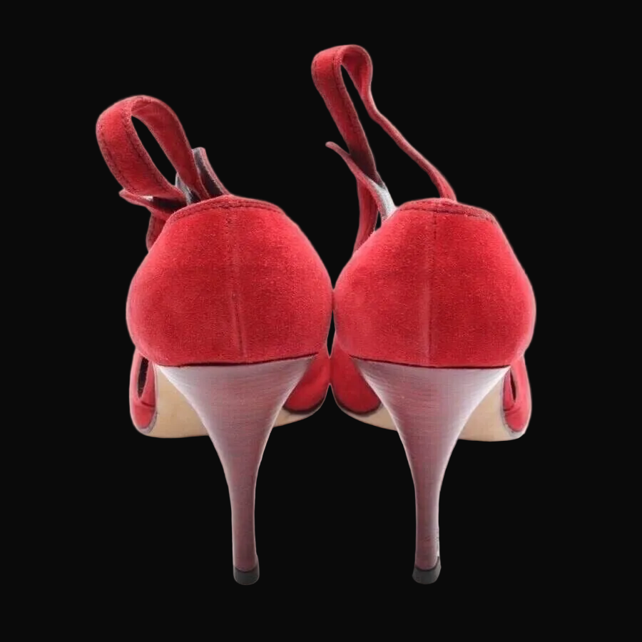 Manolo Blahnik Red Suede Double-Buckle Pumps — front view