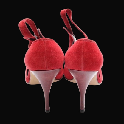 Manolo Blahnik Red Suede Double-Buckle Pumps — front view