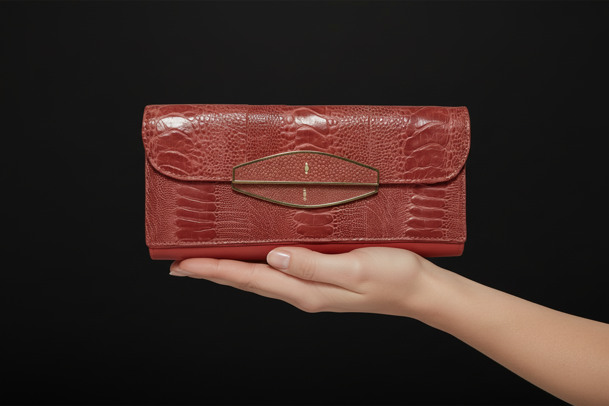 R+Y Augousti — Exotic Leather Clutch with Stingray Clasp — front view | Rent designer fashion at Laura Messerschmitt Berlin