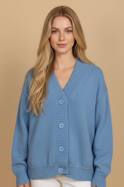 100% Wool V-Neck Cardigan – Blue