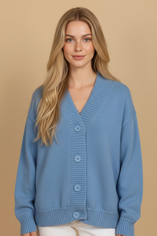 100% Wool V-Neck Cardigan – Blue