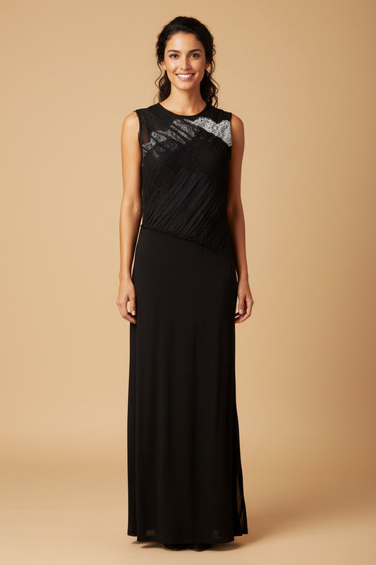 3.1 Phillip Lim — Silk Column Evening Gown with Pleated Ribbon Bodice & Lace Inset Size 34