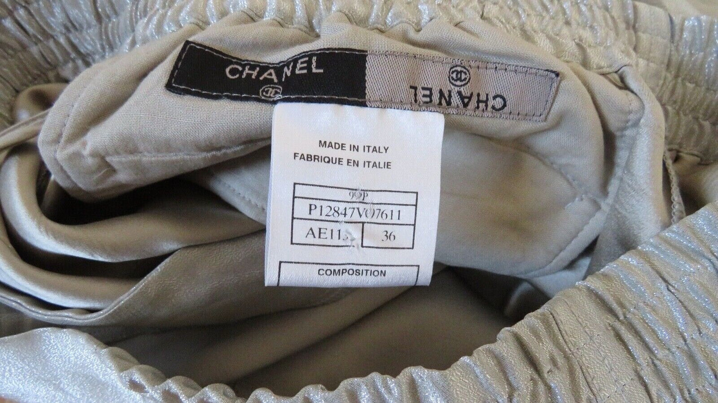 Chanel silver silk shorts — label detail showing Chanel Made in Italy