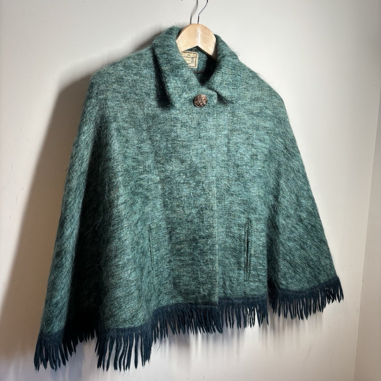Andrew Stewart Mohair and Wool Cape – Green Fringed Poncho – Made in Scotland – One size