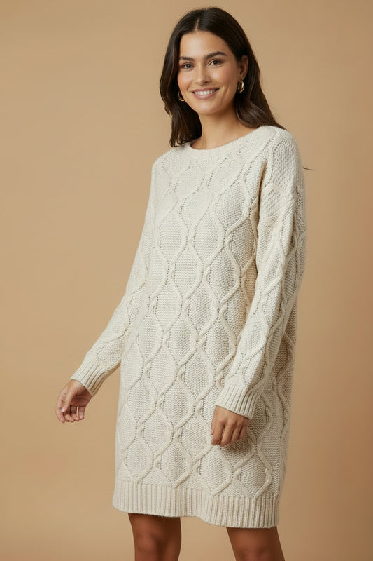 H&M - Vintage 1992 Cable Knit Wool Sweater Dress in Cream