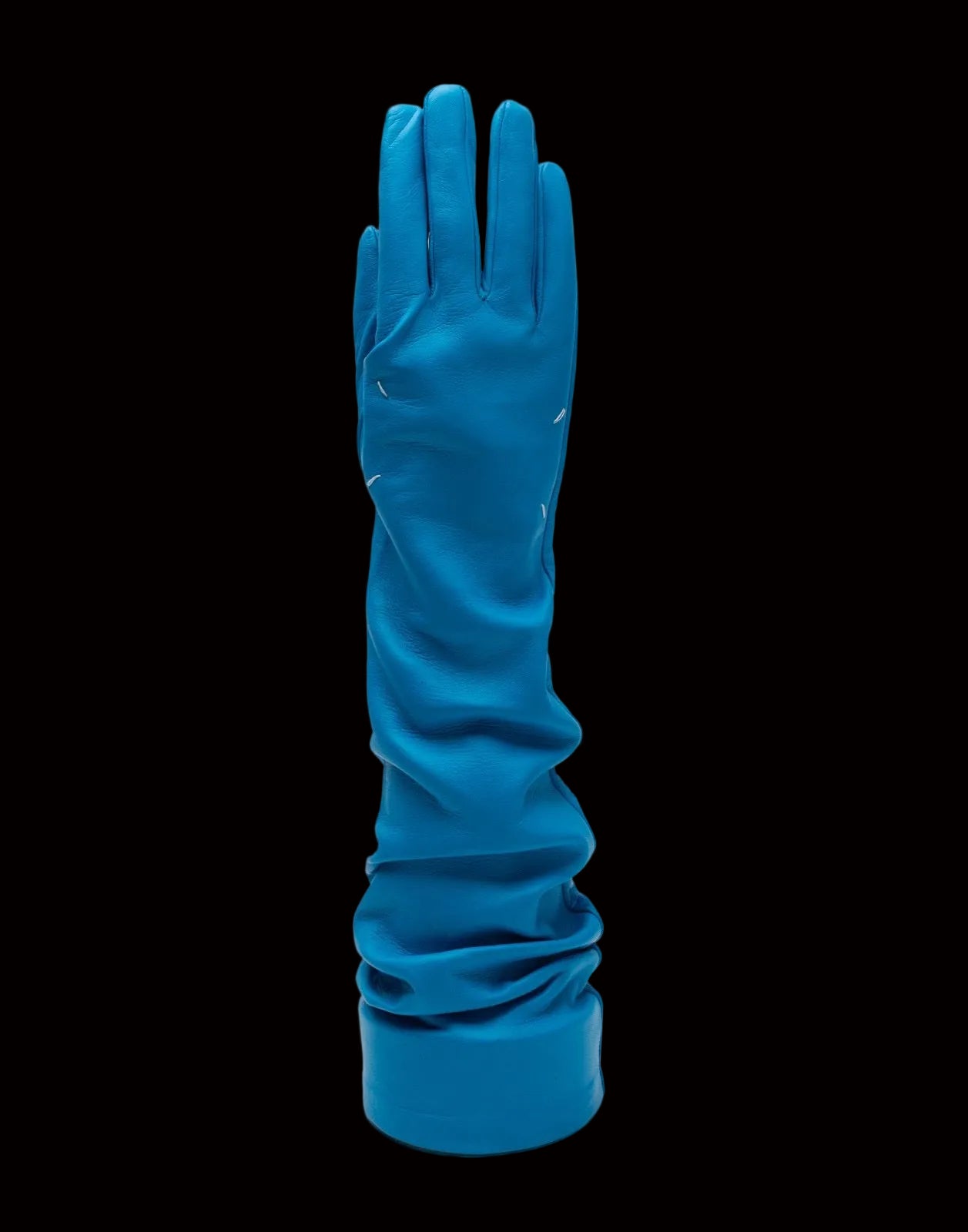 Maison Margiela teal opera-length leather gloves — detail view
