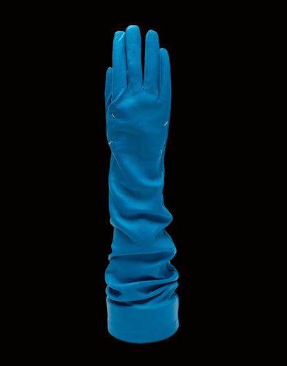 Maison Margiela teal opera-length leather gloves — detail view