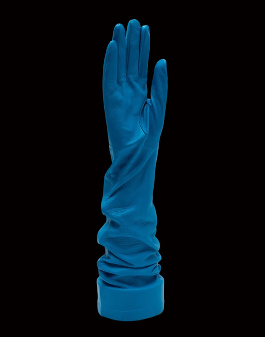 Maison Margiela teal opera-length leather gloves — front view