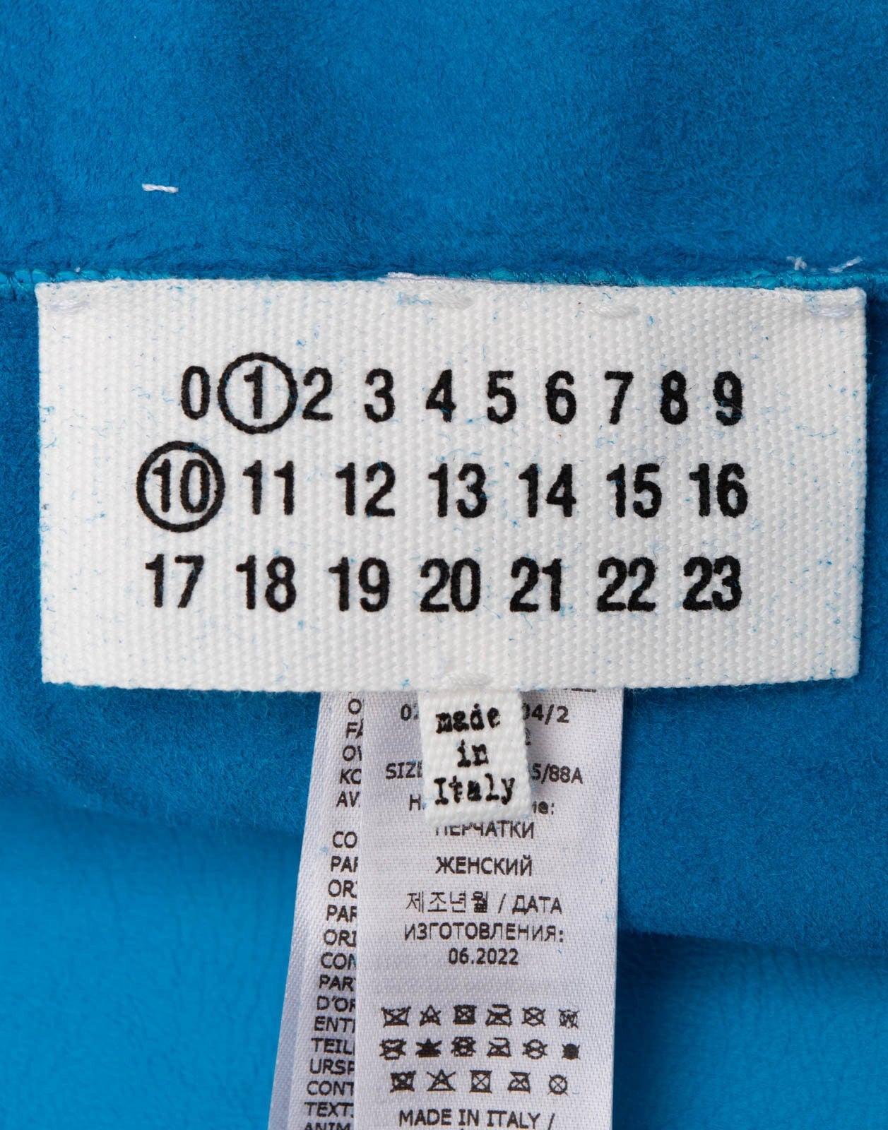 Maison Margiela teal opera-length leather gloves — back view