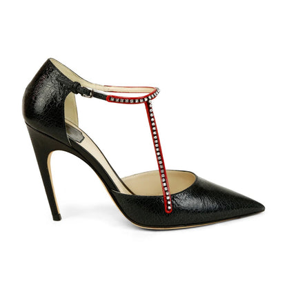 CHRISTIAN DIOR CHRISTIAN DIOR BLACK CRACKLED LEATHER CRYSTAL STRAP PUMPS