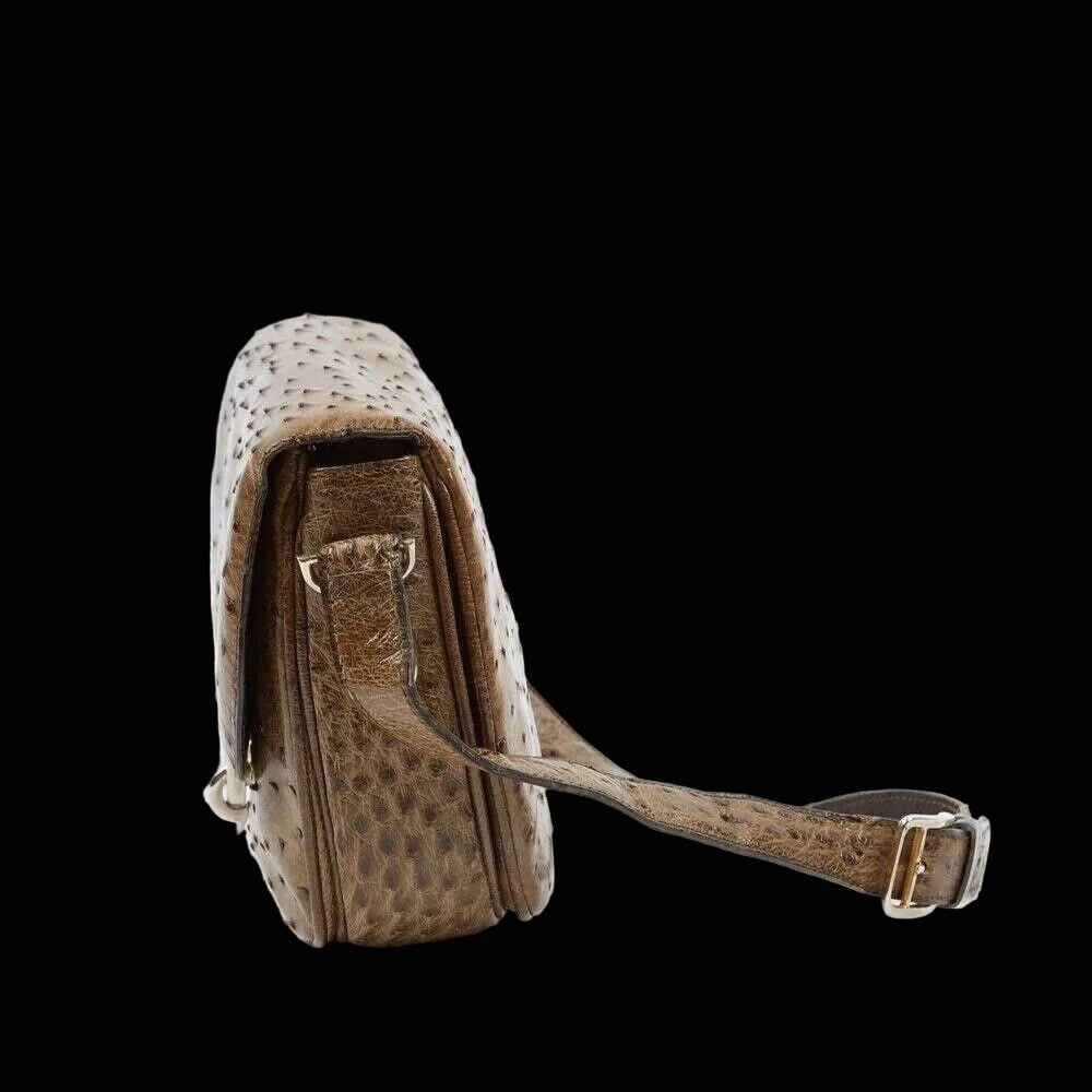 Céline ostrich leather flap shoulder bag in cognac brown with gold-tone ring closure