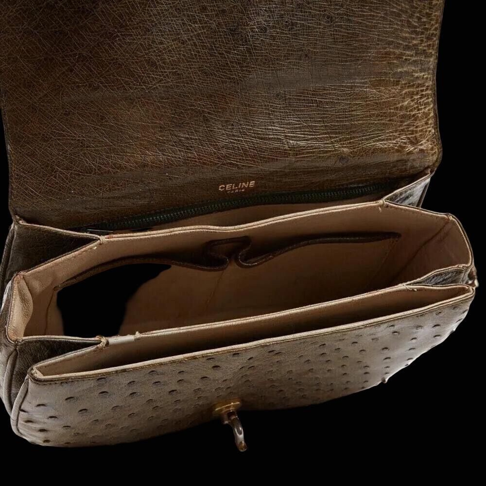Céline ostrich leather flap shoulder bag in cognac brown with gold-tone ring closure