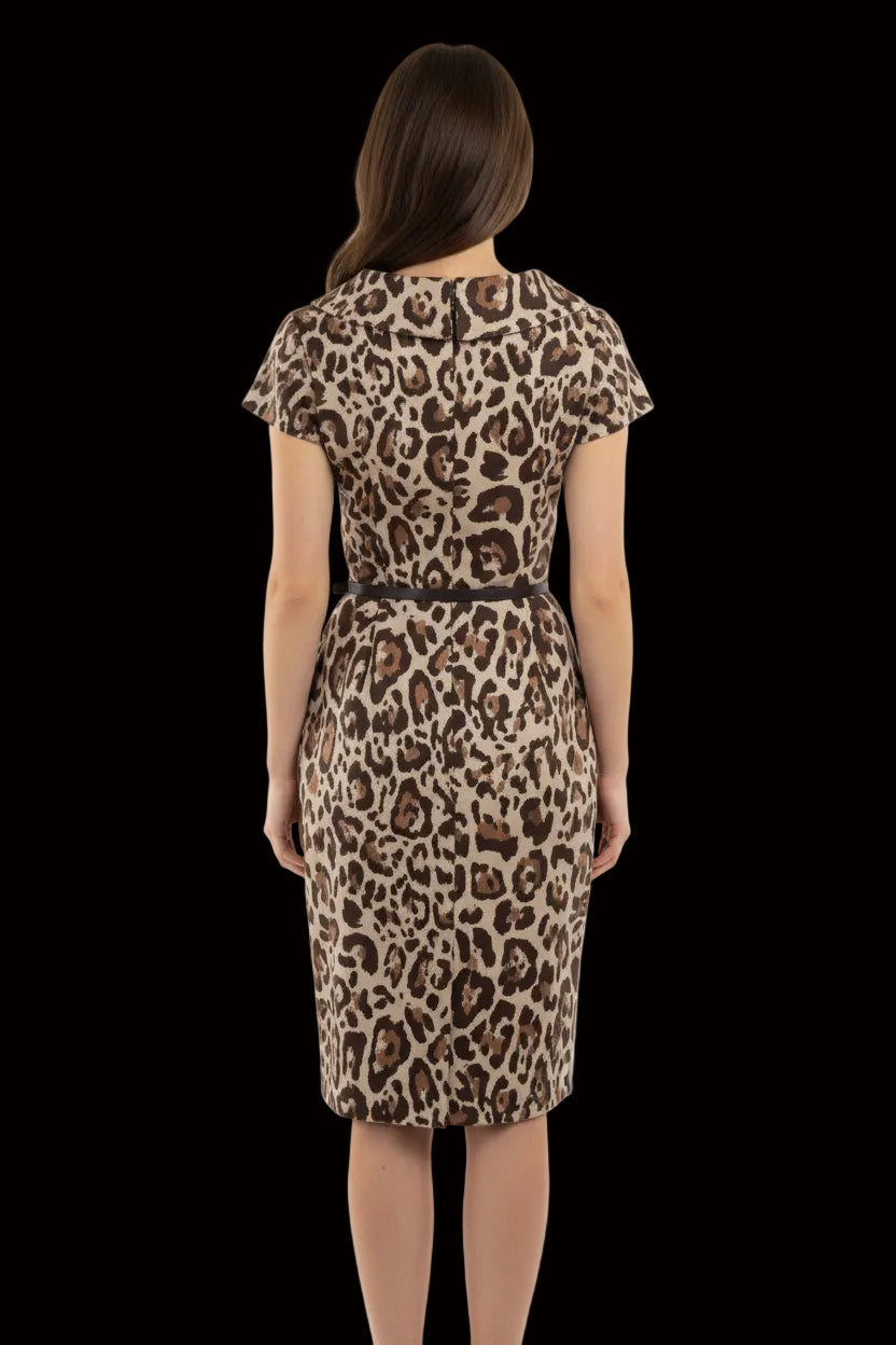 Dior leopard jacquard sheath dress back view — cap sleeves with black leather belt