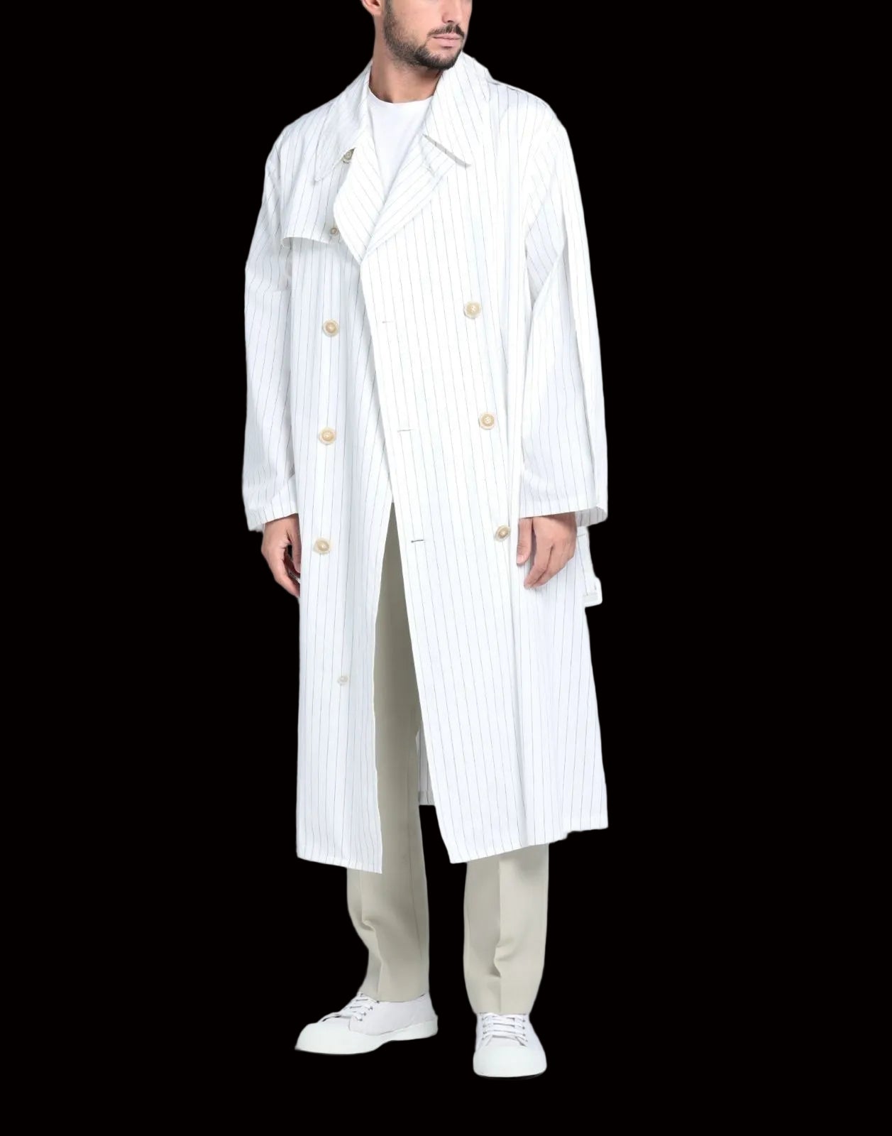 Maison Margiela pinstripe cotton trench coat — rent from Laura Messerschmitt, Berlin stylist