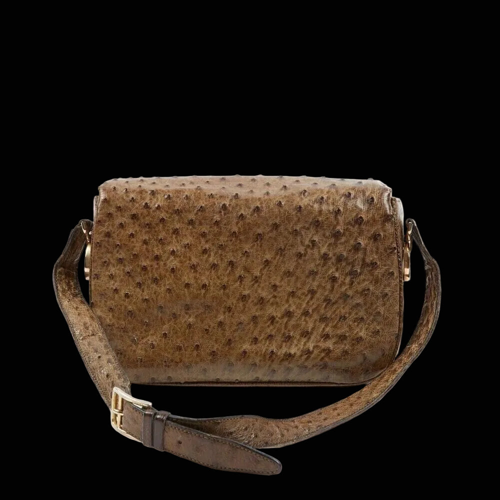 Céline ostrich leather flap shoulder bag in cognac brown with gold-tone ring closure