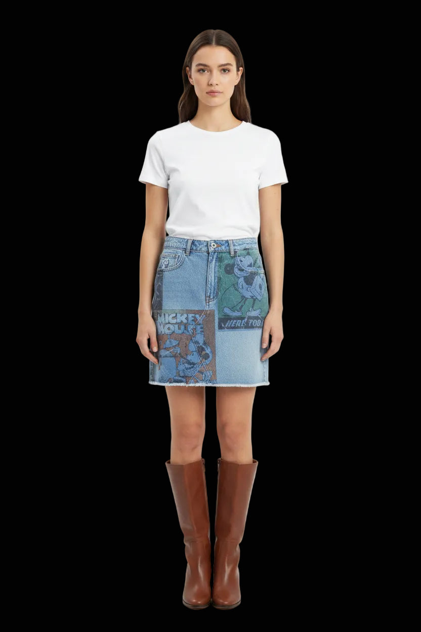 Desigual Mickey Mouse print denim mini skirt front view with tag