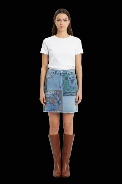 Desigual Mickey Mouse print denim mini skirt front view with tag
