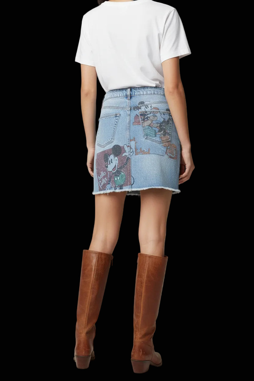Desigual Mickey Mouse print denim mini skirt side view