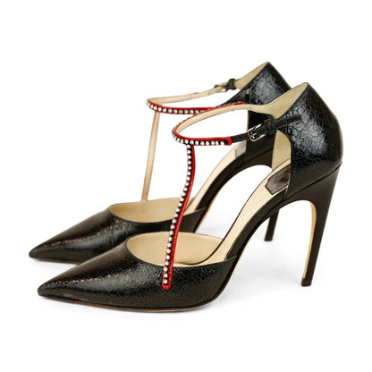 CHRISTIAN DIOR CHRISTIAN DIOR BLACK CRACKLED LEATHER CRYSTAL STRAP PUMPS