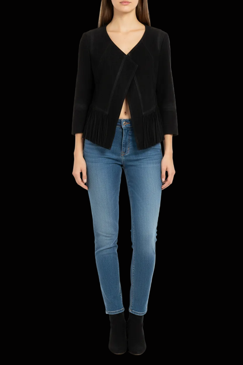Drykorn black suede biker jacket with fringe hem detail, size 1/34