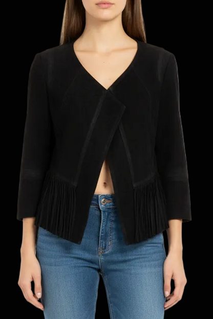 Drykorn black suede biker jacket with fringe hem — rent from Laura Messerschmitt, Berlin stylist