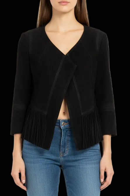 Drykorn black suede biker jacket with fringe hem — rent from Laura Messerschmitt, Berlin stylist