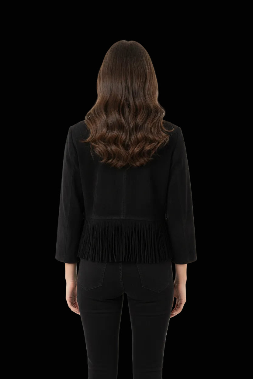 Drykorn black suede biker jacket with fringe hem detail, size 1/34