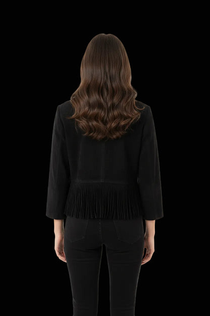 Drykorn black suede biker jacket with fringe hem detail, size 1/34