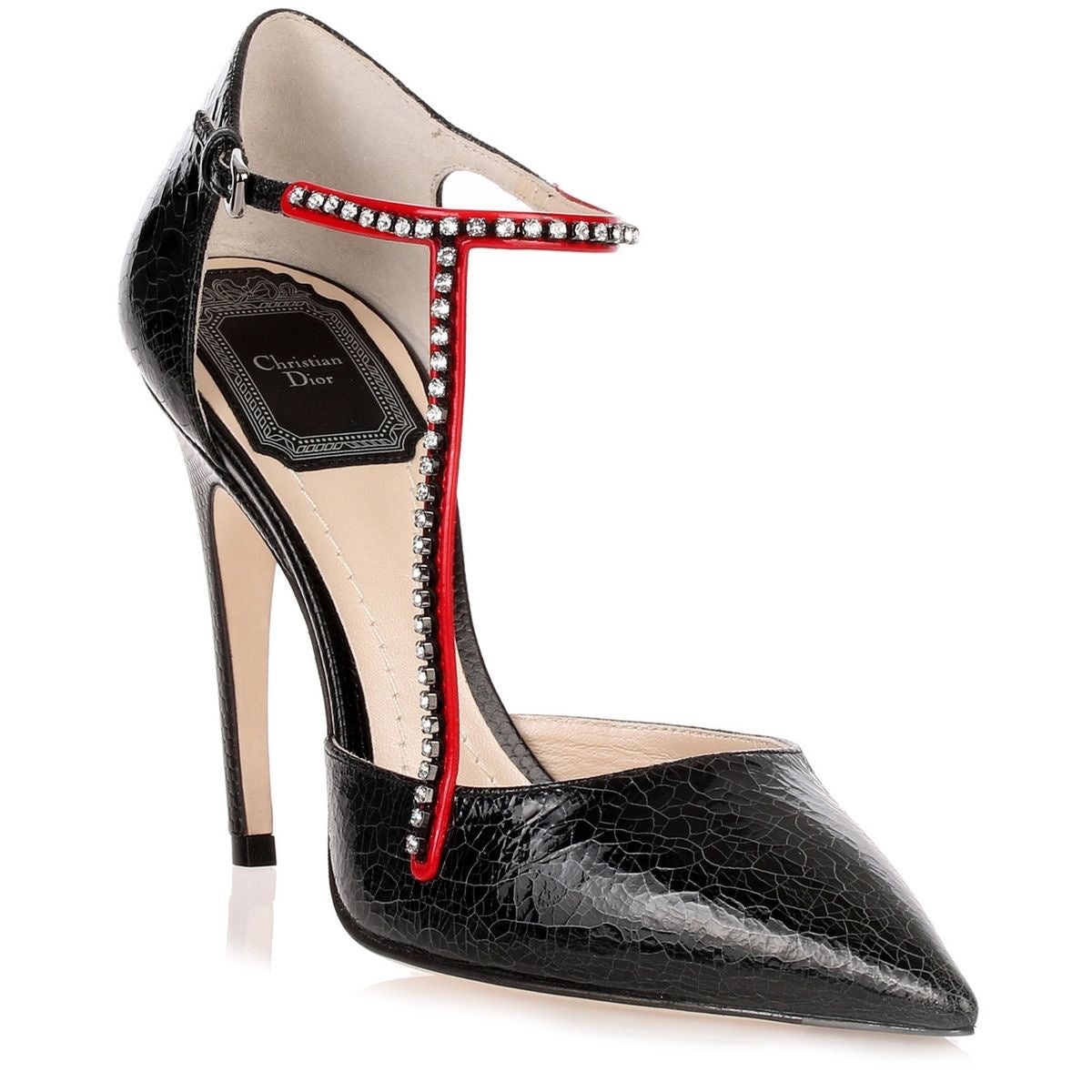 CHRISTIAN DIOR CHRISTIAN DIOR BLACK CRACKLED LEATHER CRYSTAL STRAP PUMPS