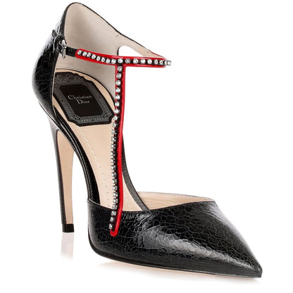 CHRISTIAN DIOR CHRISTIAN DIOR BLACK CRACKLED LEATHER CRYSTAL STRAP PUMPS