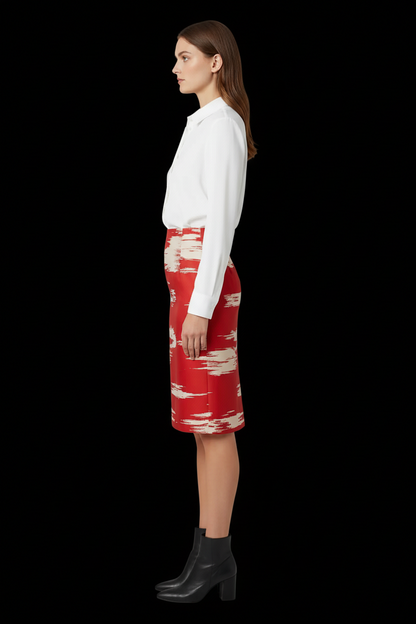 Yves Saint Laurent 1992 Rive Gauche silk pencil skirt in red with cream brush-stroke print
