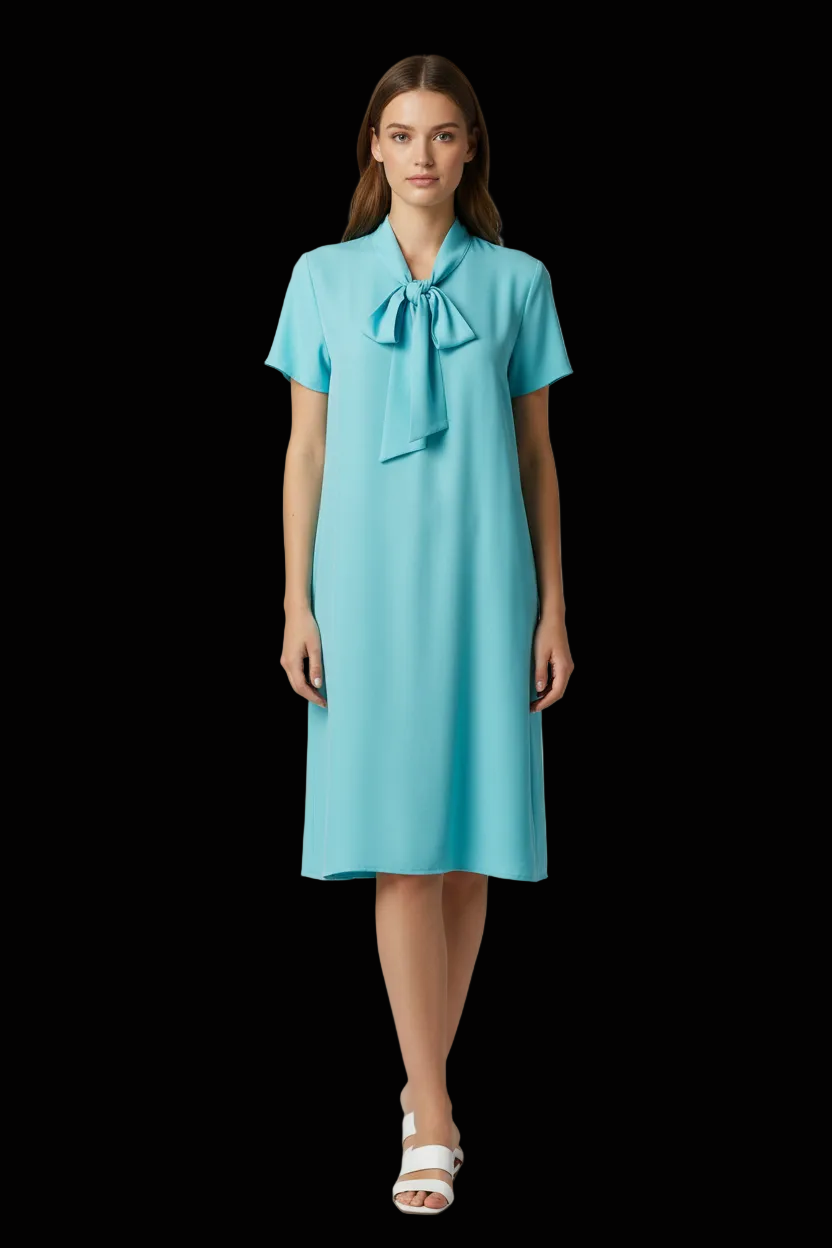 Van Laack silk bow shift dress in aqua blue — rent from Laura Messerschmitt, Berlin stylist