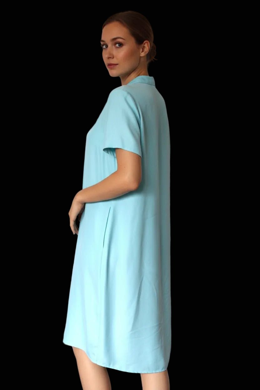 Van Laack aqua blue silk pussy-bow shift dress with short sleeves, size 36