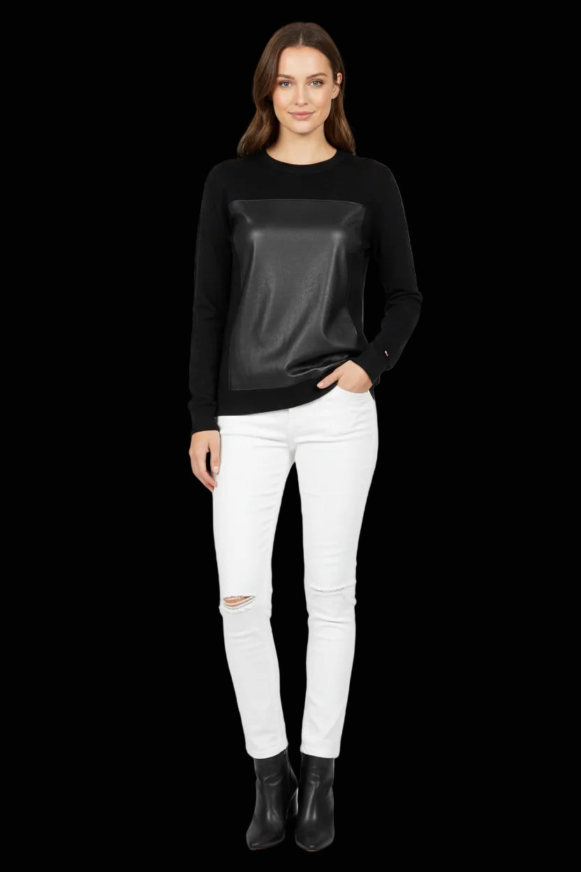 Tommy Hilfiger black long-sleeve pullover with lambskin leather front panel