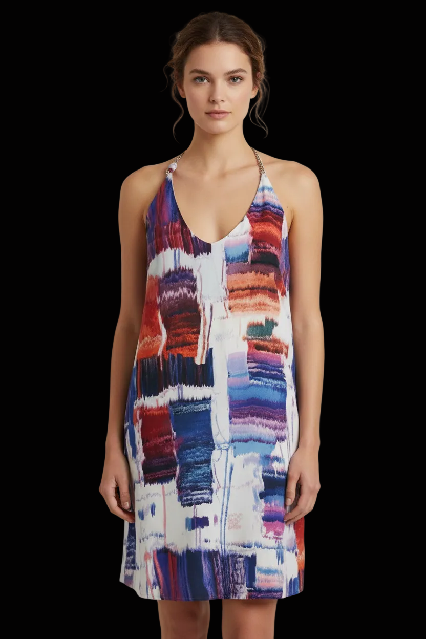 Tiger of Sweden printed viscose halter dress in abstract multicolour — rent from Laura Messerschmitt, Berlin stylist