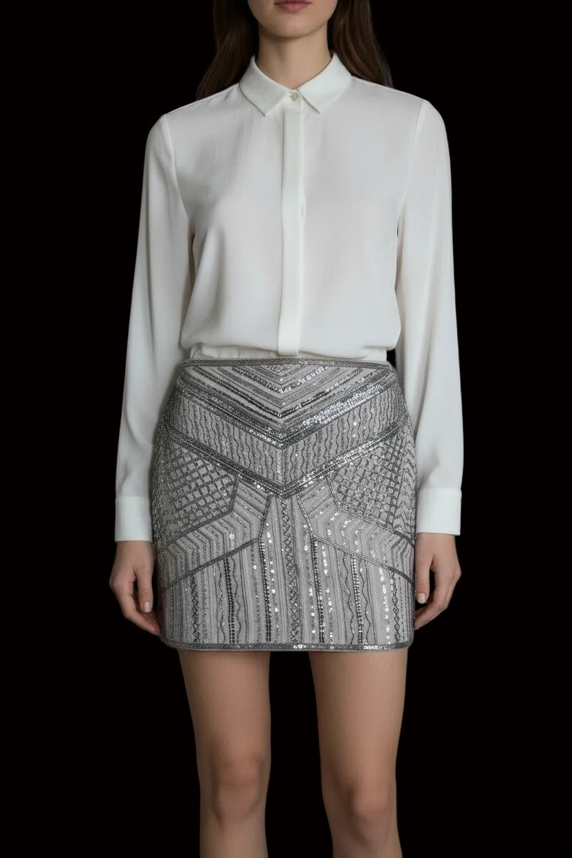Club Monaco by Ralph Lauren silver sequin mini skirt — rent from Laura Messerschmitt, Berlin stylist