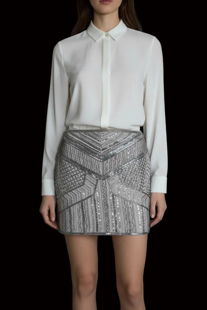 Club Monaco by Ralph Lauren silver sequin mini skirt — rent from Laura Messerschmitt, Berlin stylist