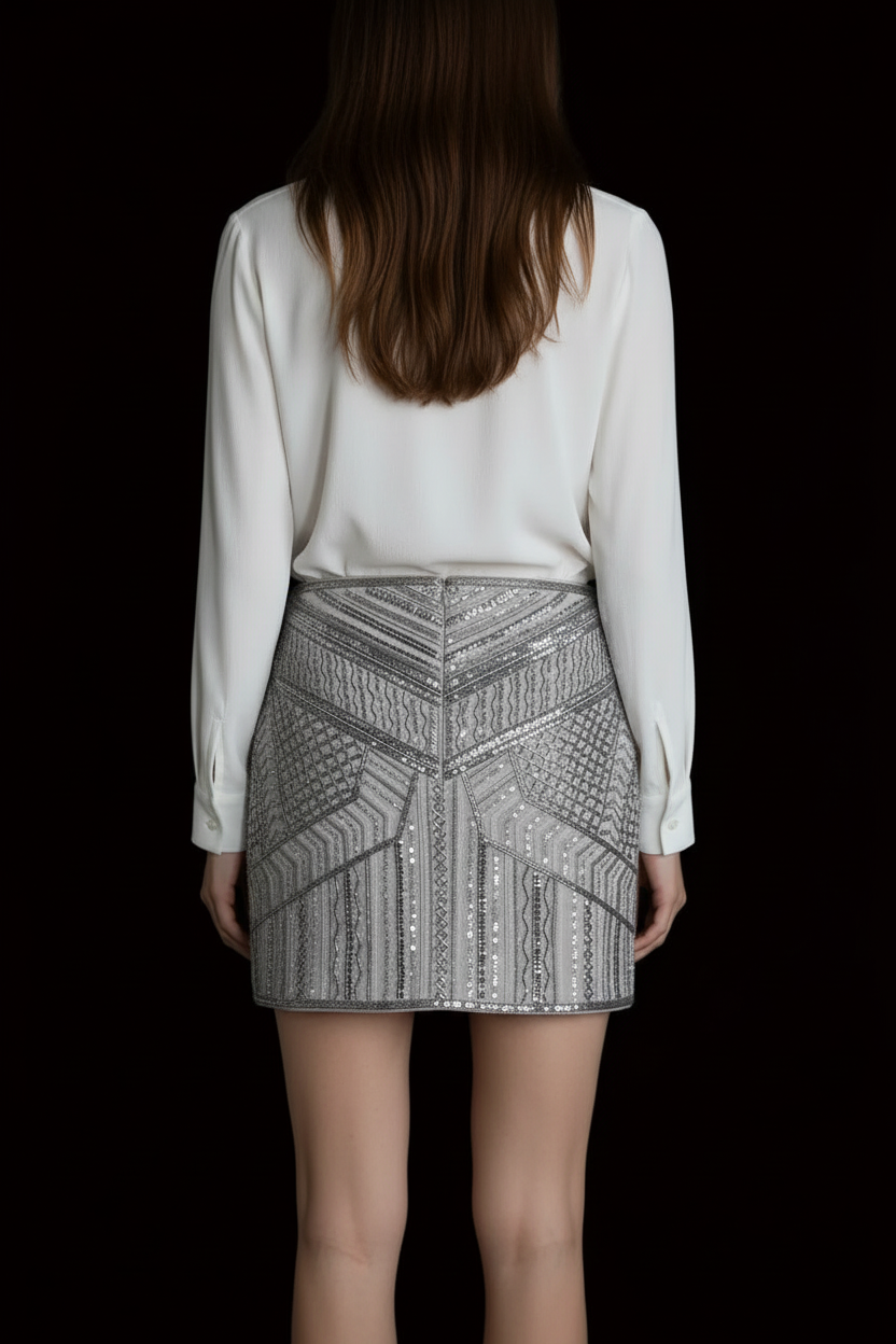 Club Monaco by Ralph Lauren — Silver Sequin Mini Skirt — detail view