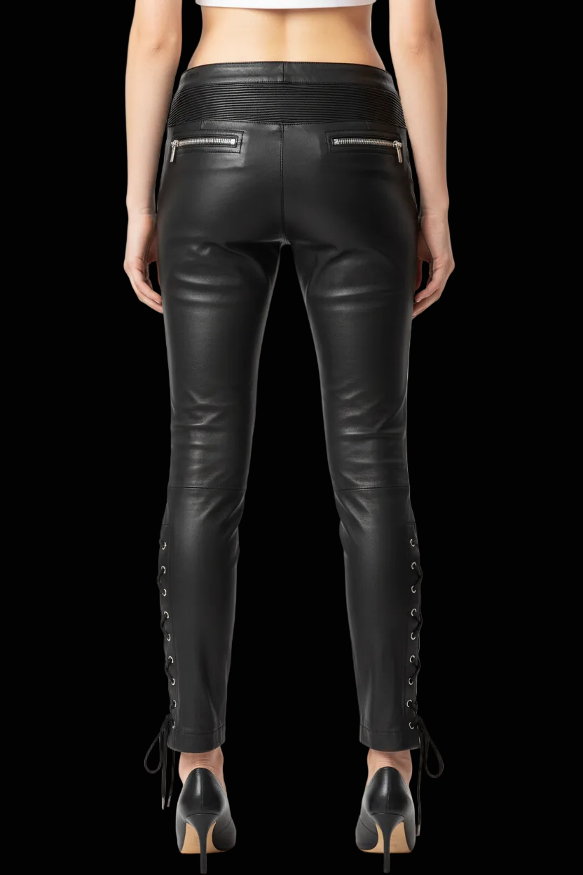 Scotch & Soda — Jolie Vagabonde Lambskin Lace-Up Skinny Trousers in Black