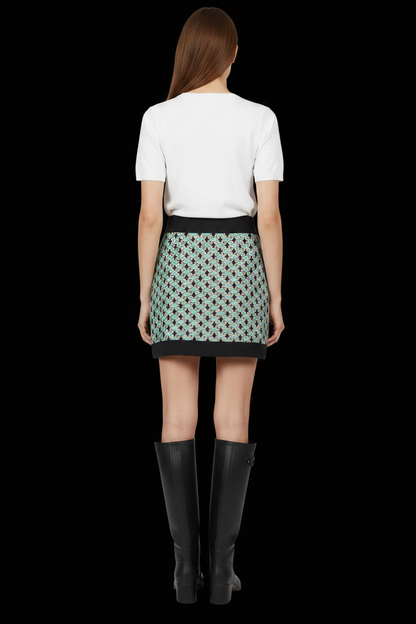 Fausto Puglisi — Silk Mini Skirt in Geometric Tile Print with Contrast Black Bands