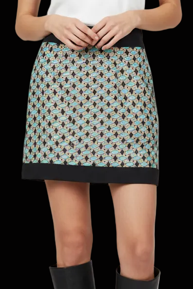Fausto Puglisi silk mini skirt in geometric tile print with contrast black bands — rent from Laura Messerschmitt, Berlin stylist
