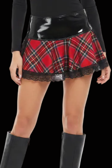 Top Girl red tartan mini kilt with lace trim — rent from Laura Messerschmitt, Berlin stylist