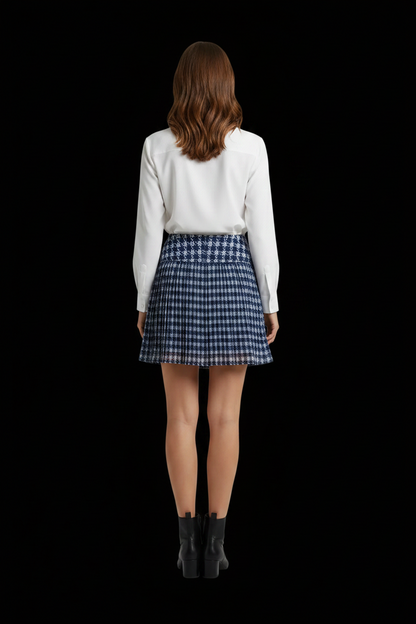 Kookaï — Silk Houndstooth Smocked Mini Skirt in Black & White