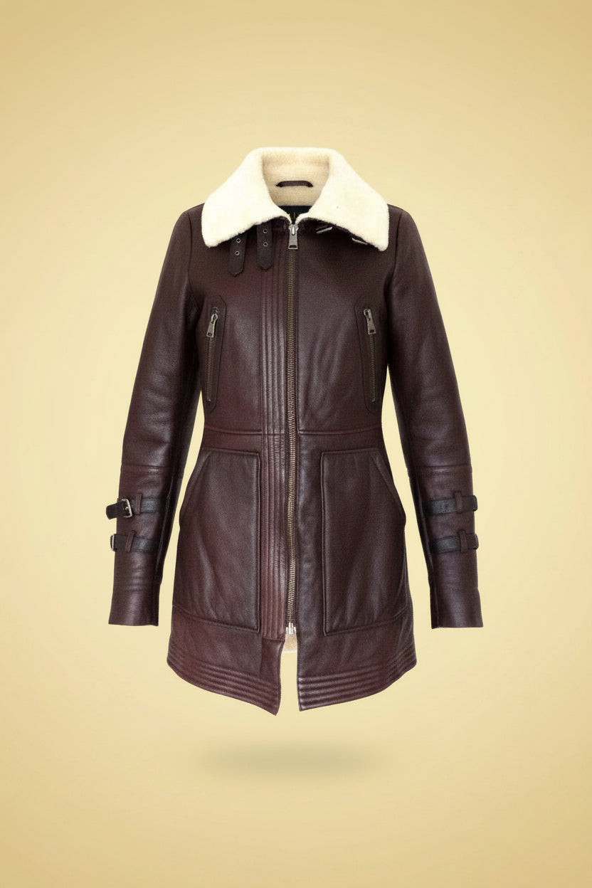 Laurèl — Shearling Coat with Cream Collar in Oxblood Brown
