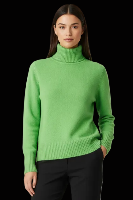 Prego pure cashmere turtleneck in apple green — rent from Laura Messerschmitt, Berlin stylist