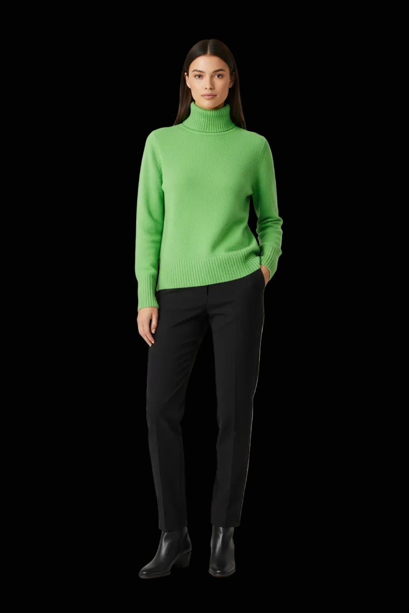 Prego apple green cashmere turtleneck on model front view