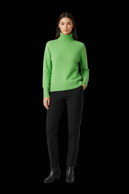 Prego apple green cashmere turtleneck on model front view